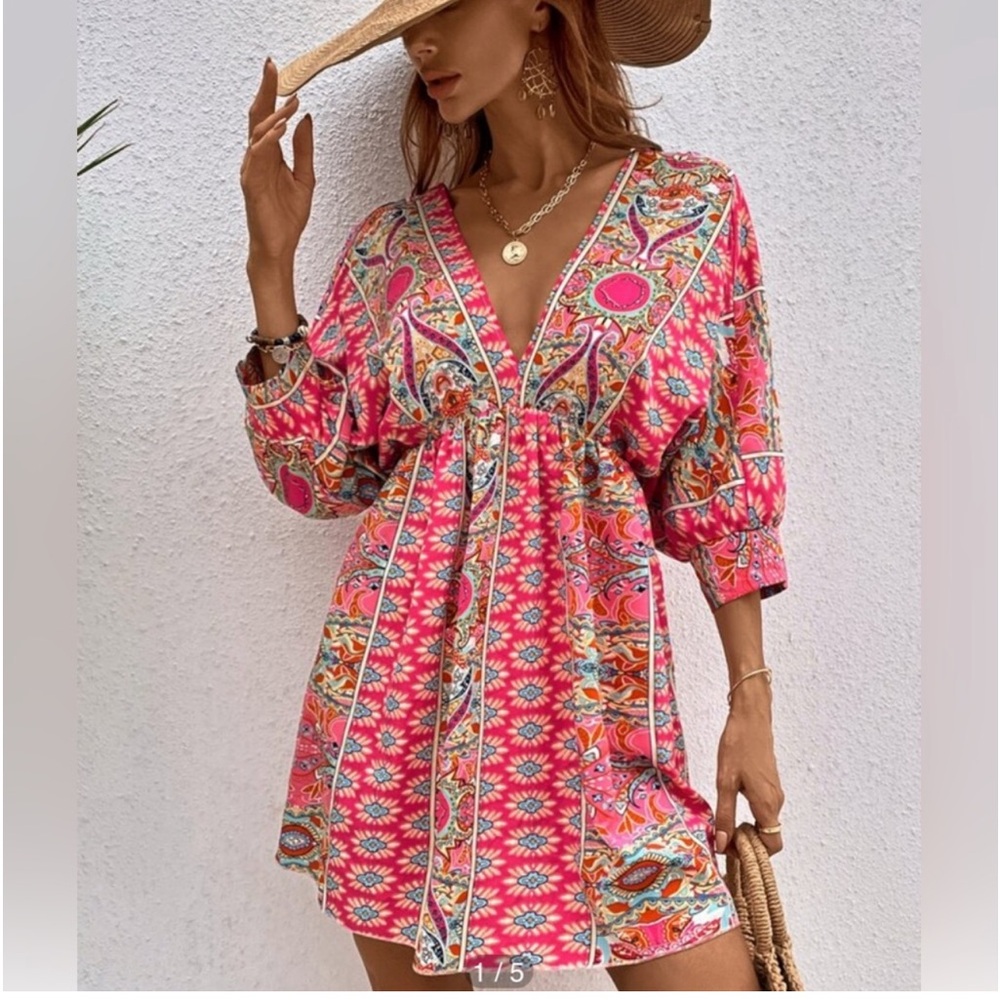 SHEIN BOHO SUMMER TIE BACK PLUNGING NECK BATWING SLEEVES DRESS COVERUP